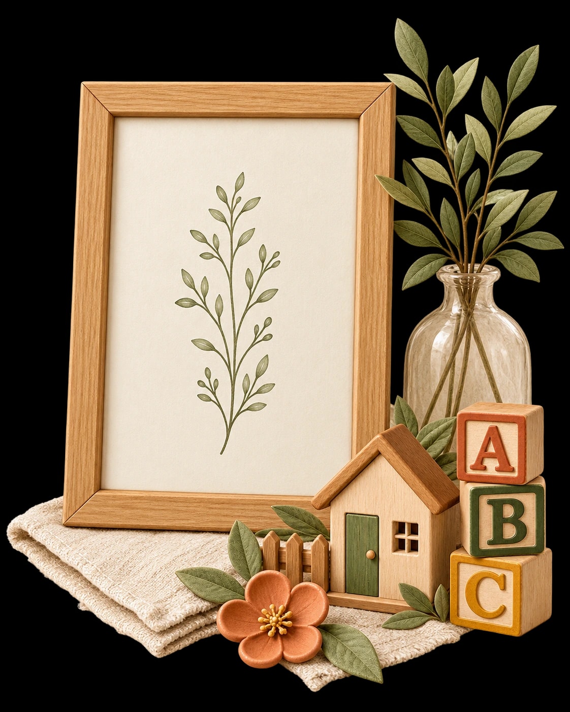 Wooden frame with botanical art, leafy vase, learning blocks, and small house
