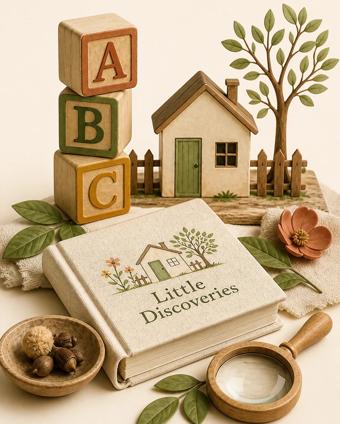 Wooden learning objects, a storybook, and garden pieces