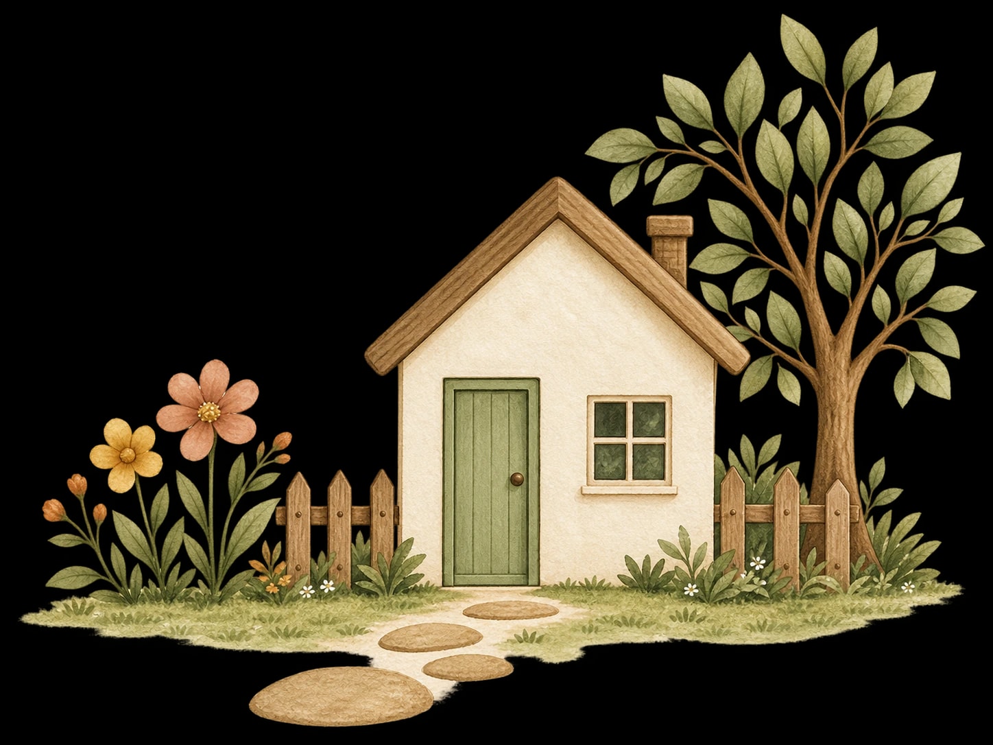 Storybook house, garden, and stepping-stone path