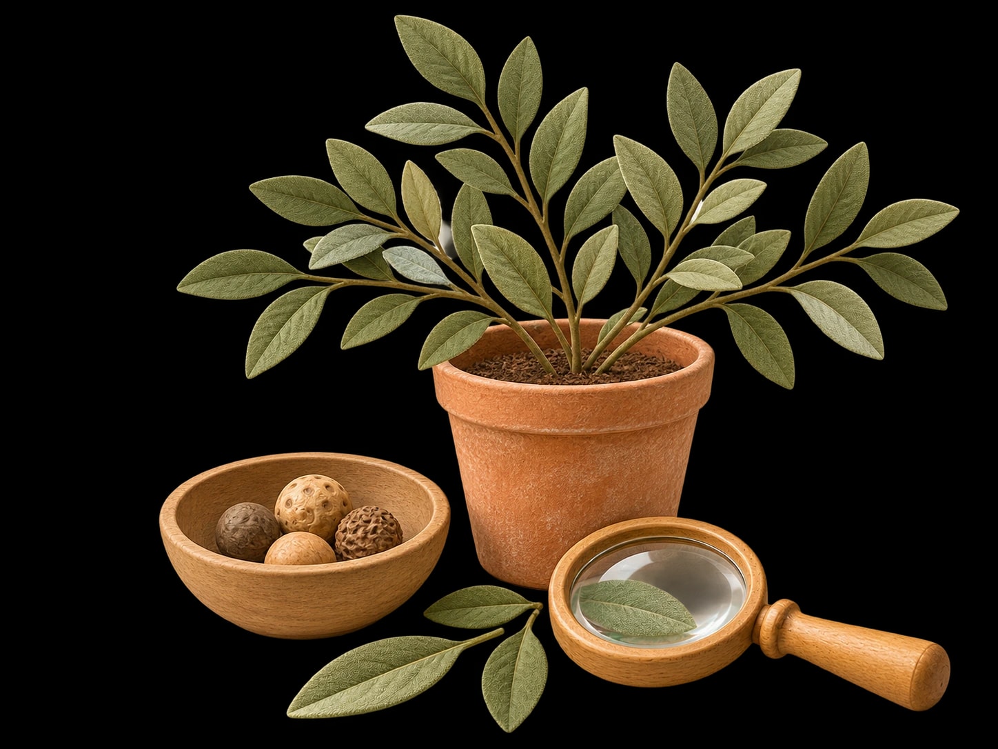 Potted sage plant, wooden bowl, loose leaves, and magnifying glass