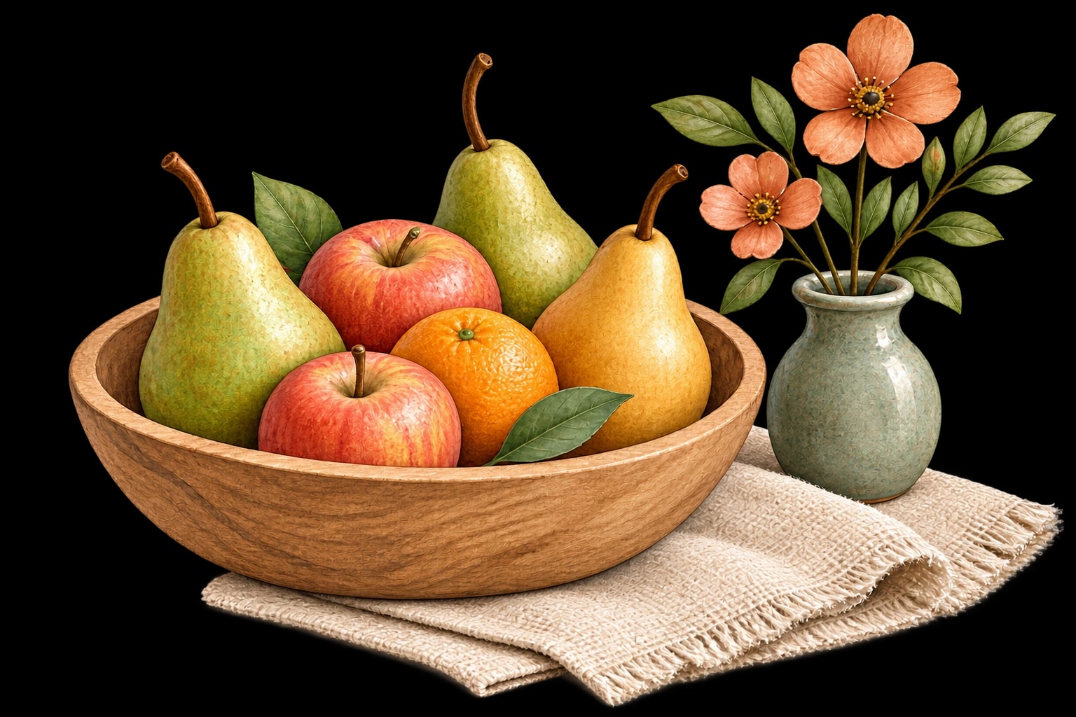 Wooden bowl of fruit beside a small vase of flowers on cream linen