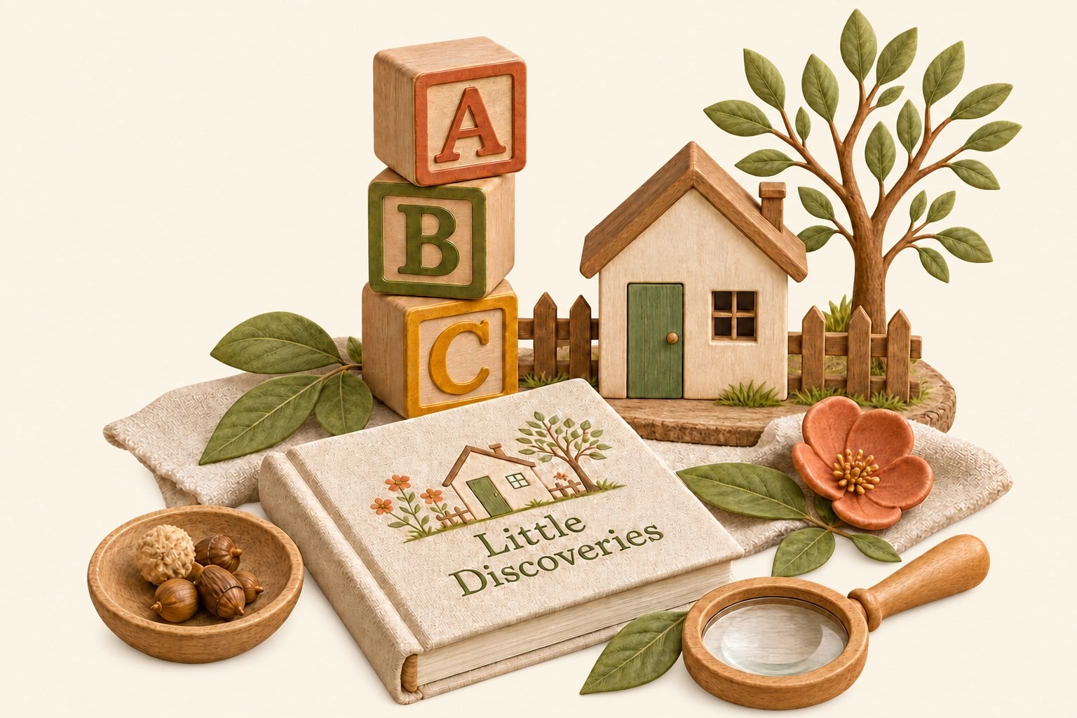 Wooden learning blocks, small house, linen storybook, leaves, and magnifying glass